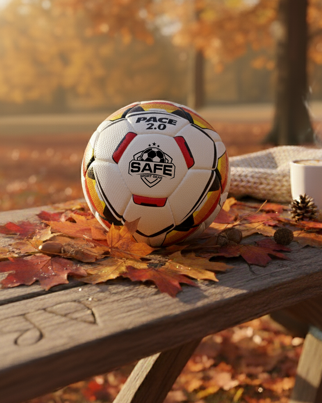 Pace 2.0 Soccer Ball on autumn leaves with warm sunlight and cozy background