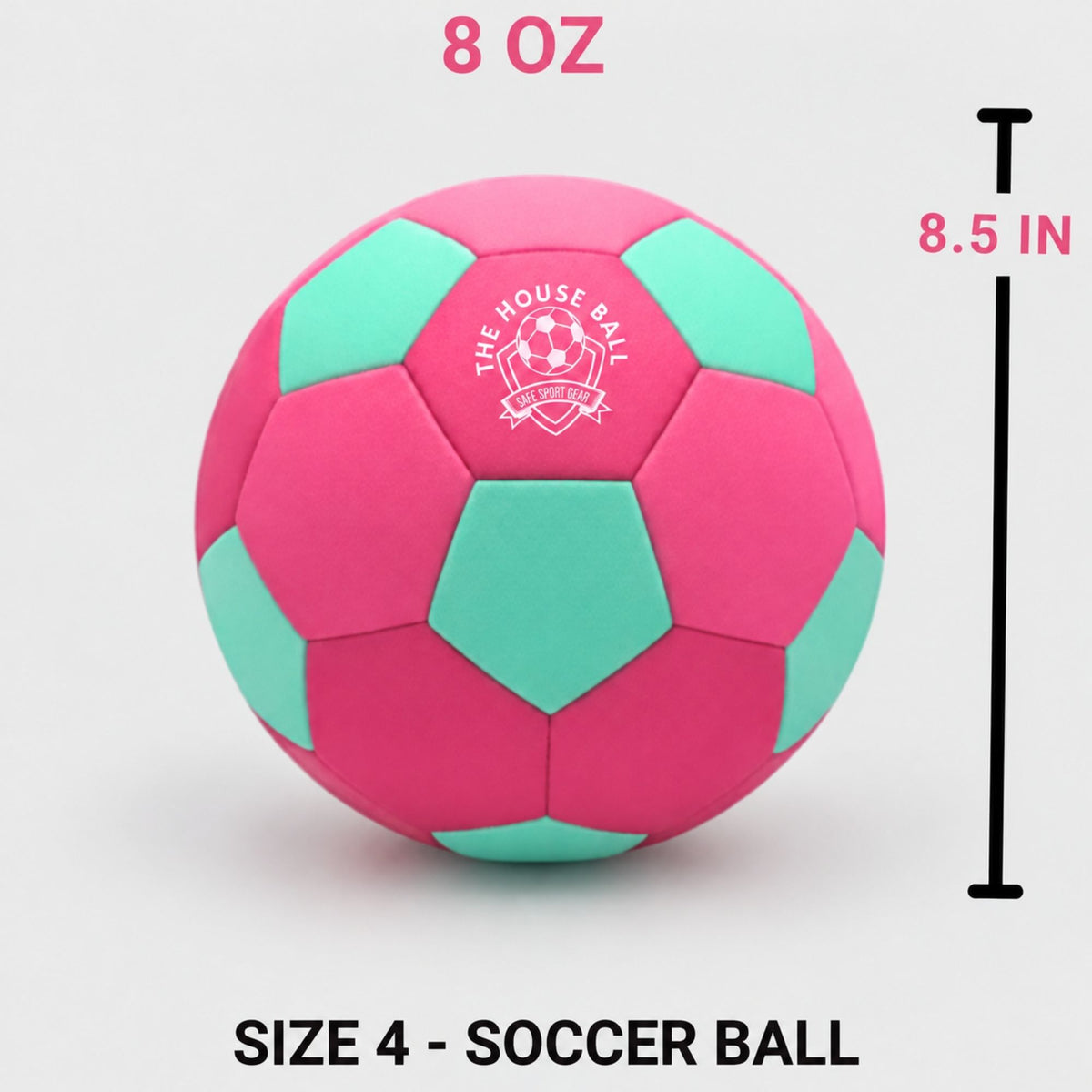 A pink and mint green indoor soccer ball with a white printed logo reading 'THE HOUSE BAR', shown on a light gray background with size and weight text overlays: '8 OZ', '8.5 IN', and 'SIZE 4 - SOCCER BALL'.