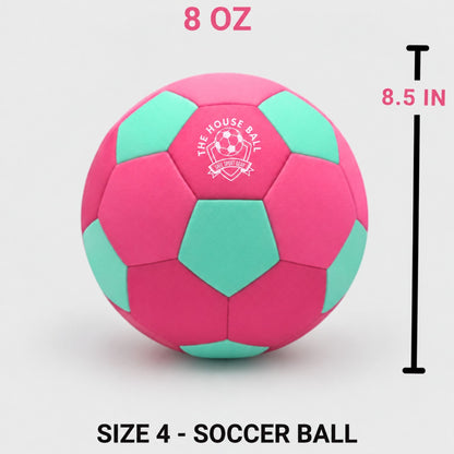 A pink and mint green indoor soccer ball with a white printed logo reading 'THE HOUSE BAR', shown on a light gray background with size and weight text overlays: '8 OZ', '8.5 IN', and 'SIZE 4 - SOCCER BALL'.