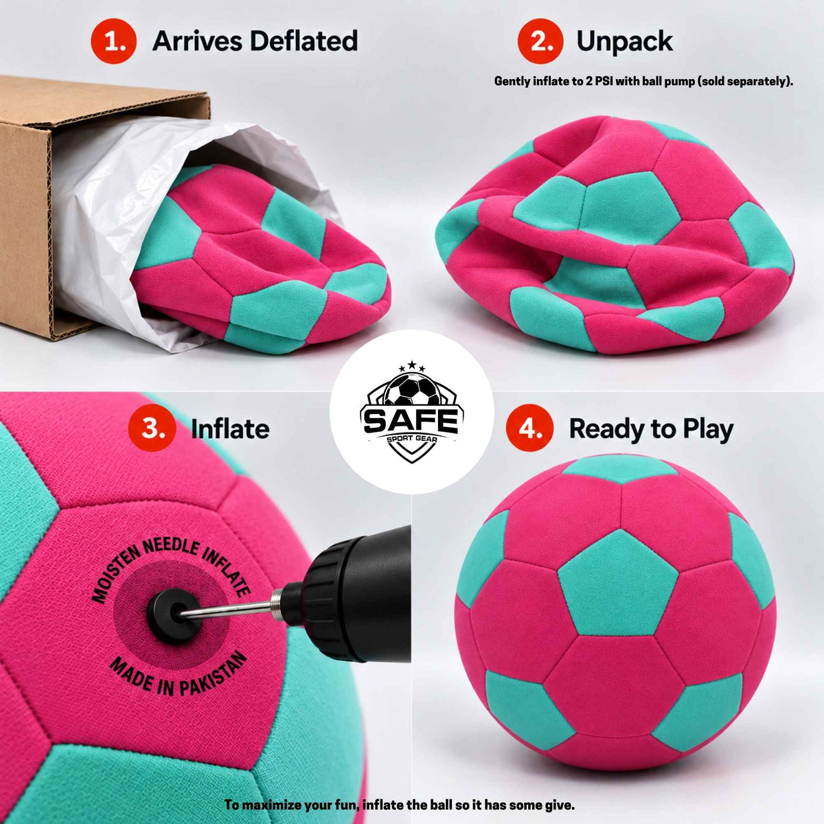 A four-step infographic showing the features of a pink house ball. Step 1 shows the ball deflated inside a cardboard box, Step 2 shows it unpacked and deflated, Step 3 shows a drill inflating the ball with text warning against needle punctures, and Step 4 shows the ball fully inflated and ready for play.