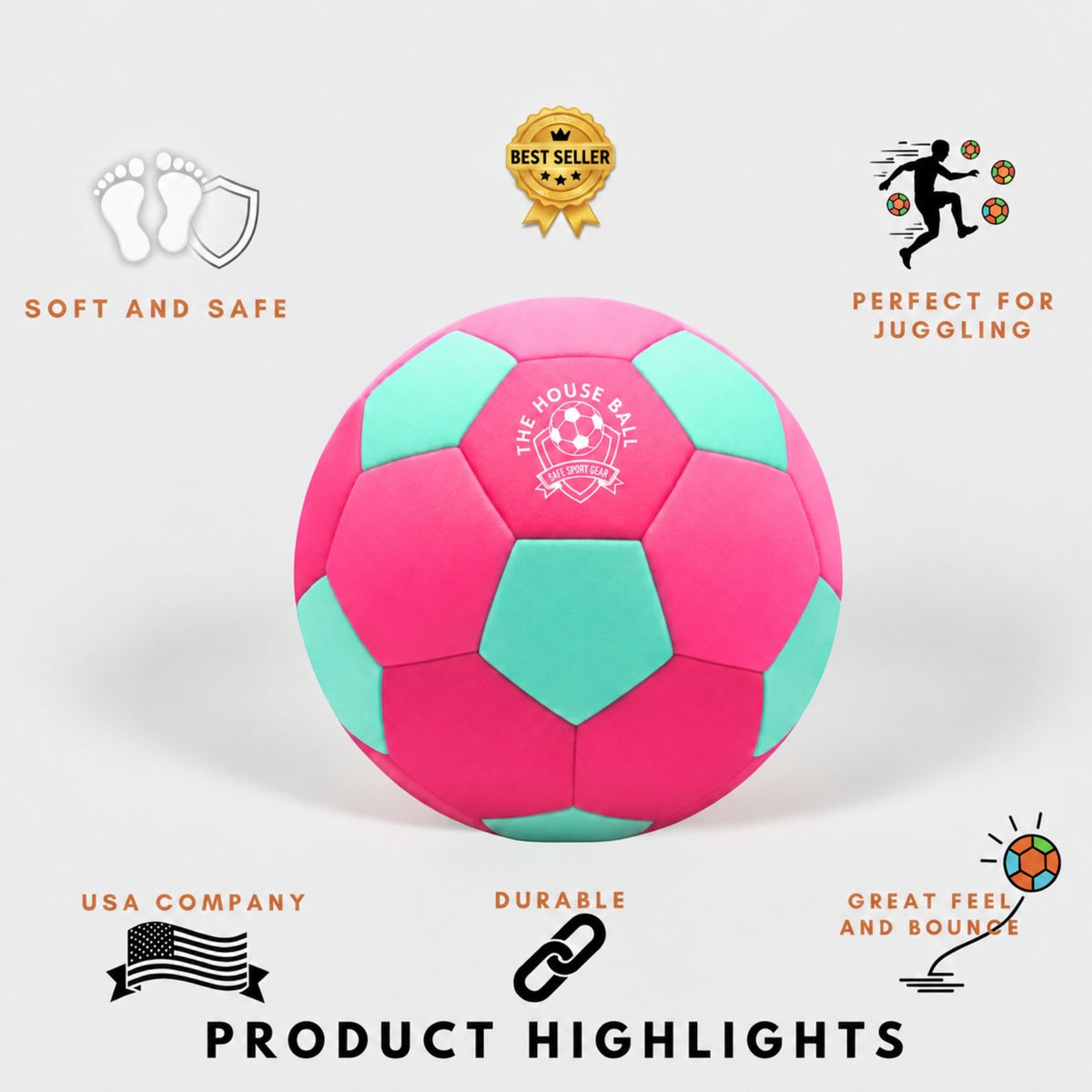 A pink and mint green indoor soccer ball centered on a light gray background, surrounded by promotional text and icons including 'SOFT AND SAFE', 'BEST SELLER', 'PERFECT FOR JUGGLING', 'USA COMPANY', 'DURABLE', and 'GREAT FEEL AND BOUNCE'.