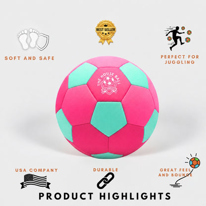 A pink and mint green indoor soccer ball centered on a light gray background, surrounded by promotional text and icons including 'SOFT AND SAFE', 'BEST SELLER', 'PERFECT FOR JUGGLING', 'USA COMPANY', 'DURABLE', and 'GREAT FEEL AND BOUNCE'.