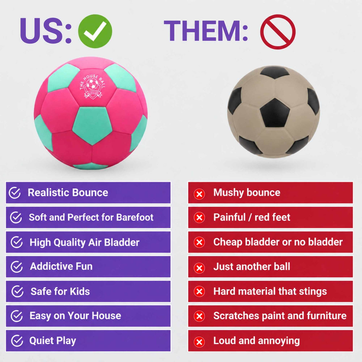 A promotional comparison graphic for a soccer ball, showing a pink and mint green ball labeled 'US:' with a checkmark and a beige and black ball labeled 'THEM:' with a red prohibition symbol. Below the balls are feature lists with purple and red text blocks describing qualities such as realistic bounce, soft play, high-quality air bladder, and suitability for kids.