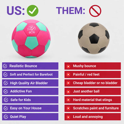 A promotional comparison graphic for a soccer ball, showing a pink and mint green ball labeled 'US:' with a checkmark and a beige and black ball labeled 'THEM:' with a red prohibition symbol. Below the balls are feature lists with purple and red text blocks describing qualities such as realistic bounce, soft play, high-quality air bladder, and suitability for kids.