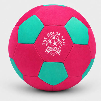 A pink and teal house ball with a white printed logo reading 'THE HOUSE BALL' and 'SAFE SPORT GEAR' on the front, shown on a light gray background.