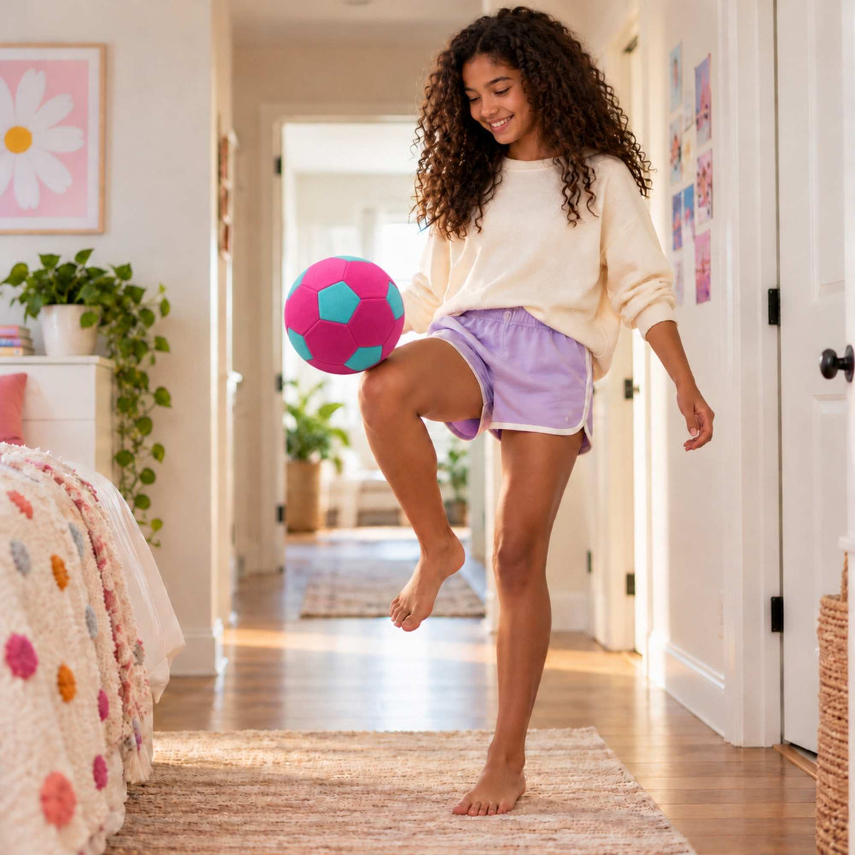 A young girl with curly hair is balancing a pink house ball on her foot while wearing a cream sweatshirt and lavender shorts in a brightly lit bedroom hallway.