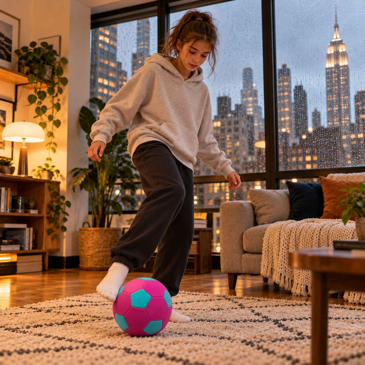 A girl in a beige hoodie and black sweatpants kicks a pink and teal indoor soccer ball on a patterned rug inside a cozy, modern living room with a large window showing a city skyline at dusk.