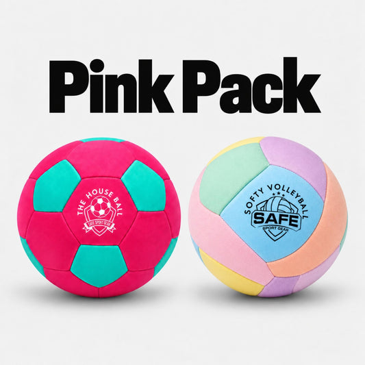 Two colorful volleyballs on a light gray background with the text 'Pink Pack' above them. The left ball is bright pink with teal panels and a white 'The House Ball' logo.
