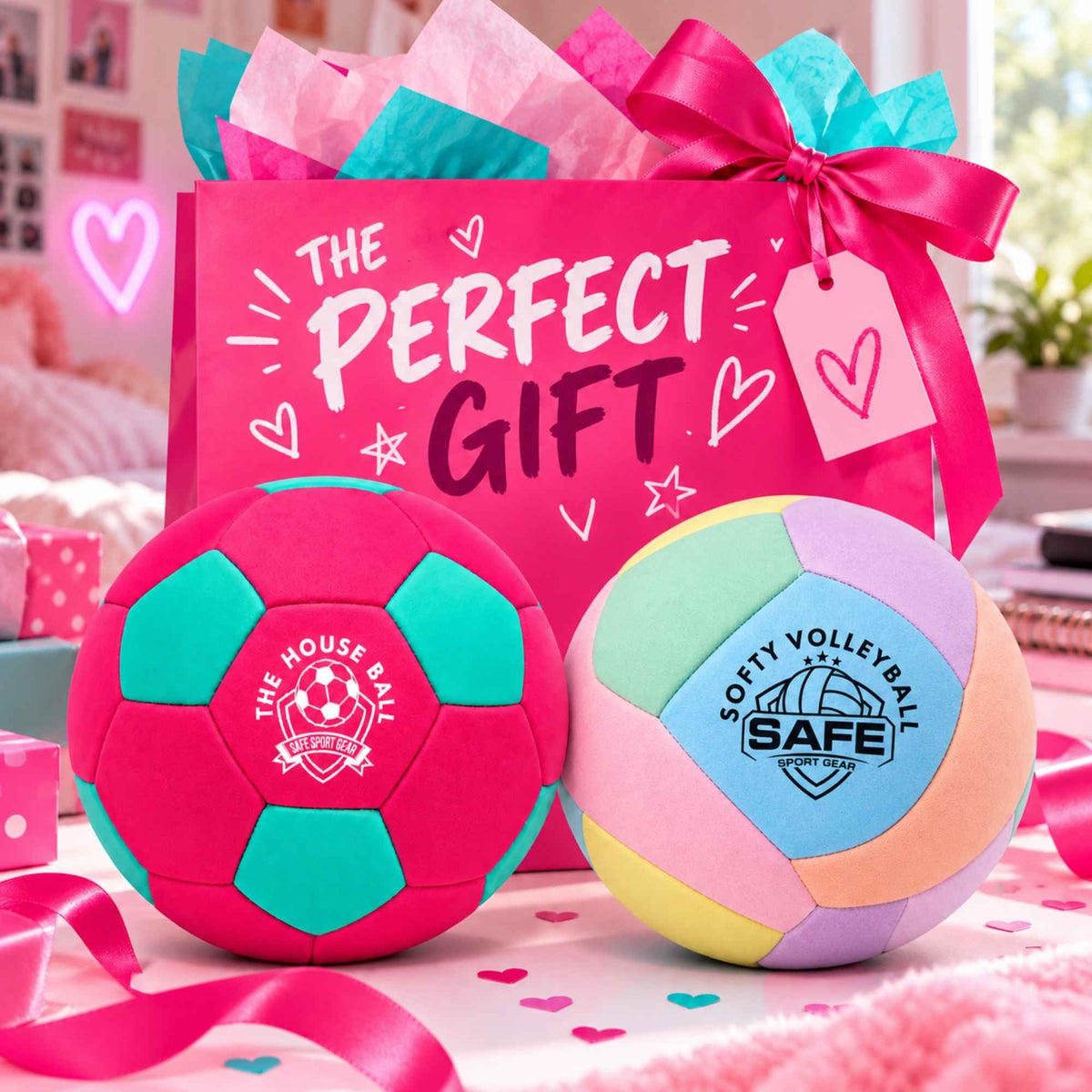 A gift basket set featuring two indoor sports balls, one multicolor house ball and softy violleyball pink 'Safe Sport Gear' logo, presented in a pink paper bag with and a hanging tag, labeled ' THE PERFECT GIFT'.