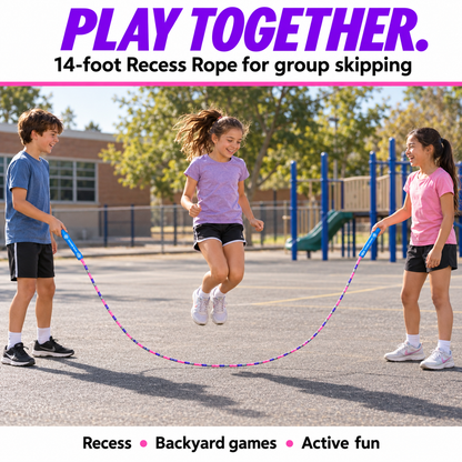 Recess Rope lifestyle illustration showing three children playing classic group skipping with one rope.