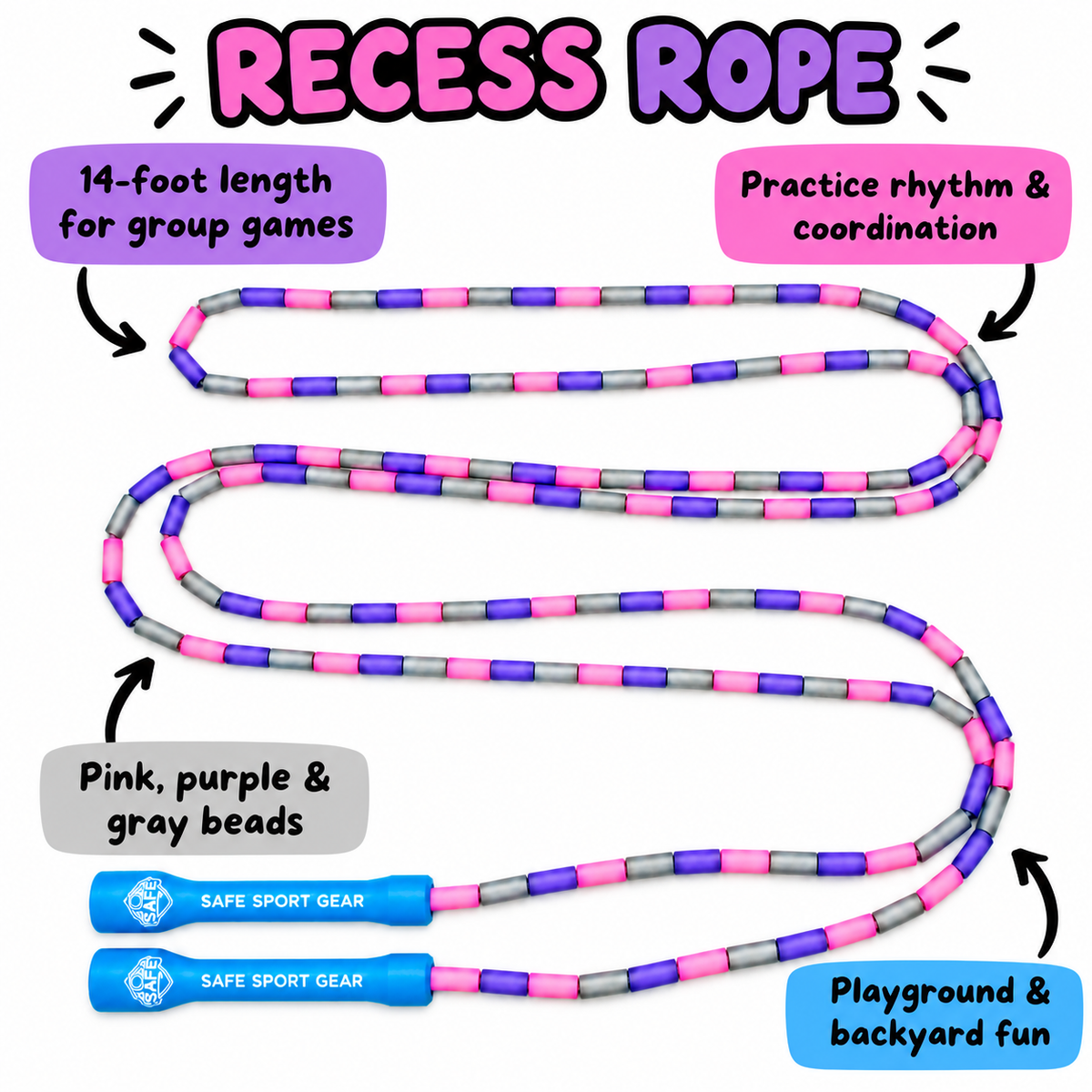 Recess Rope 14-foot beaded rope with feature callouts for rhythm, coordination and group games.