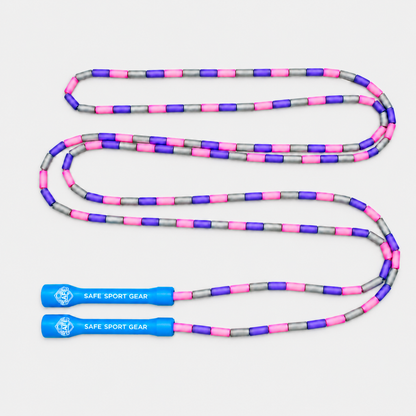 Safe Sport Gear 14-foot pink, purple and gray beaded jump rope with blue handles on a light grey square background; one rope included.
