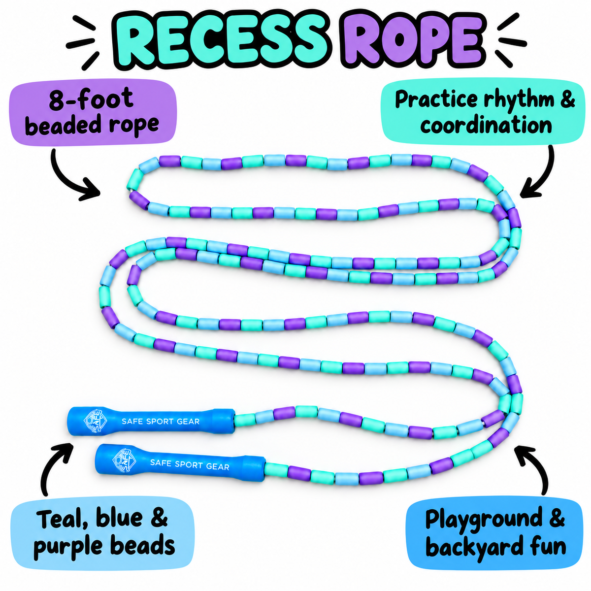 8-foot teal Recess Rope with feature callouts for rhythm, coordination and playground fun.