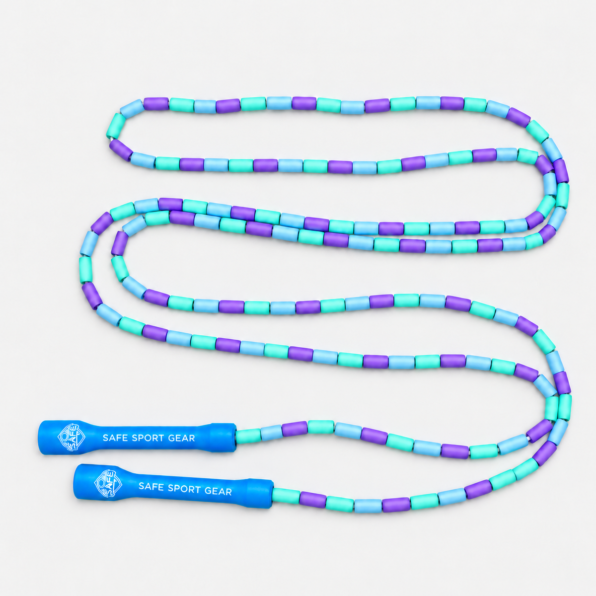 Safe Sport Gear 8-foot teal, blue and purple beaded jump rope with blue handles on a square light grey background; one rope included.