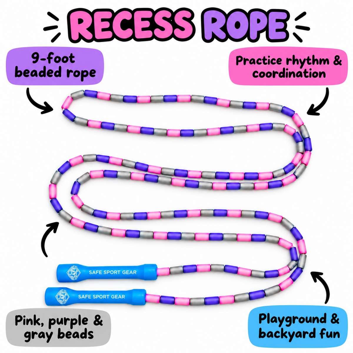 9-foot pink Recess Rope with feature callouts for rhythm, coordination and playground fun.