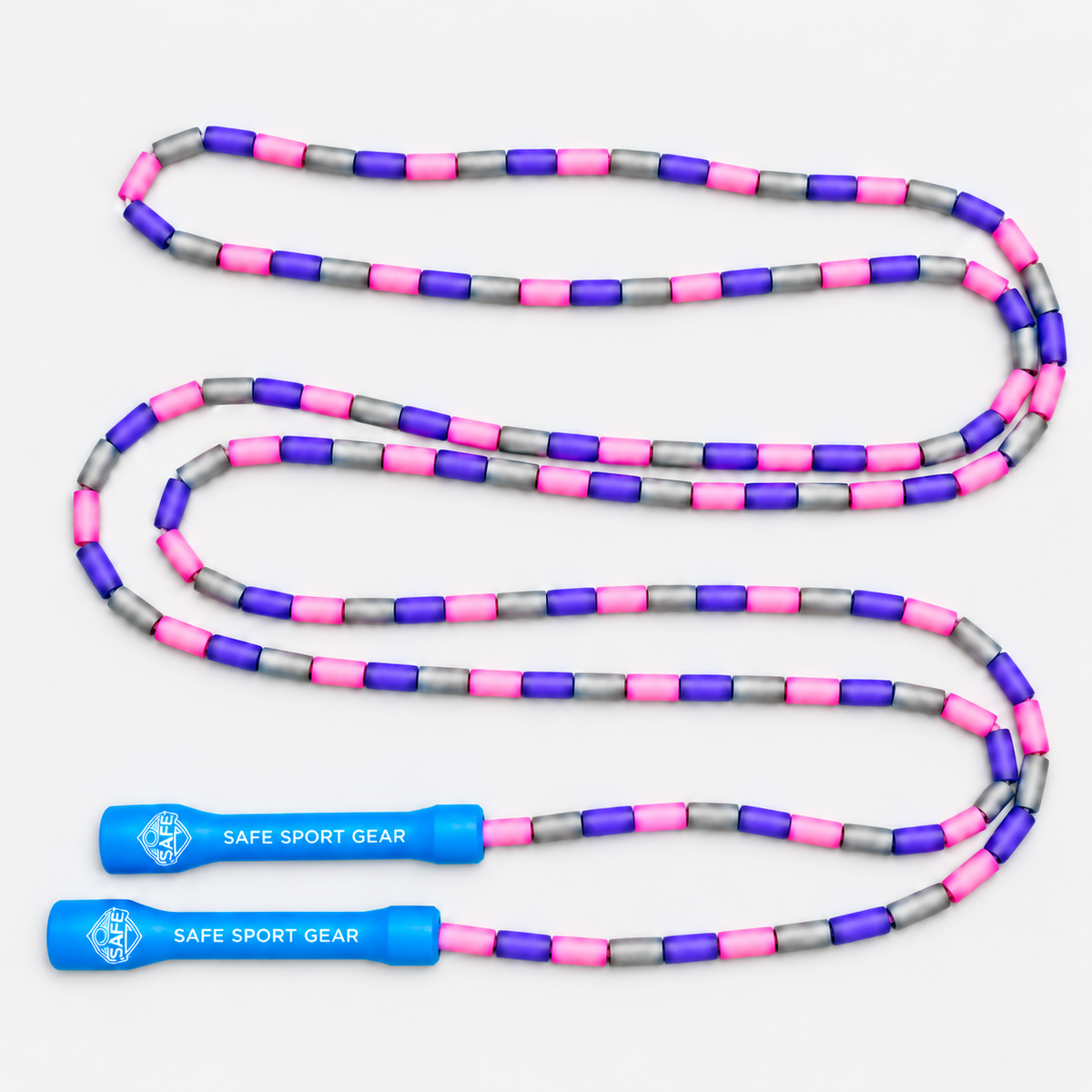Safe Sport Gear 9-foot pink, purple and gray beaded jump rope with blue handles on a square light grey background; one rope included.