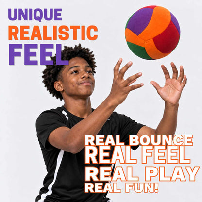 A young man in a black athletic shirt reaching toward a colorful softy volleyball against a light gray background, with bold promotional text reading 'UNIQUE REALISTIC FEEL' and 'REAL BOUNCE REAL FEEL REAL PLAY REAL FUN!'.