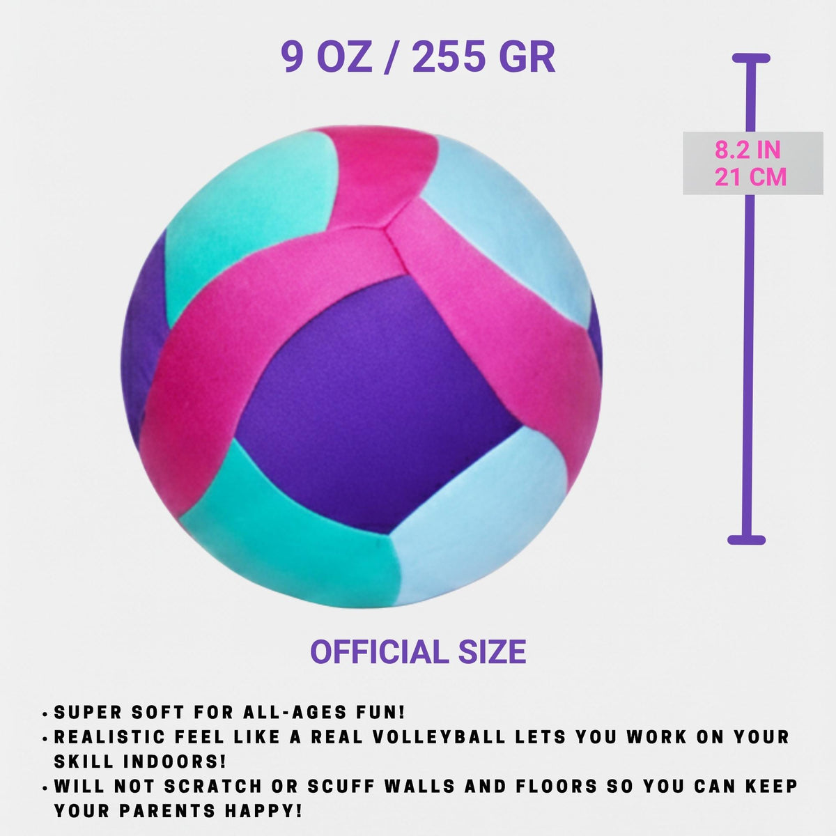 Softy Volleyball-Teal with size and weight information on a white background