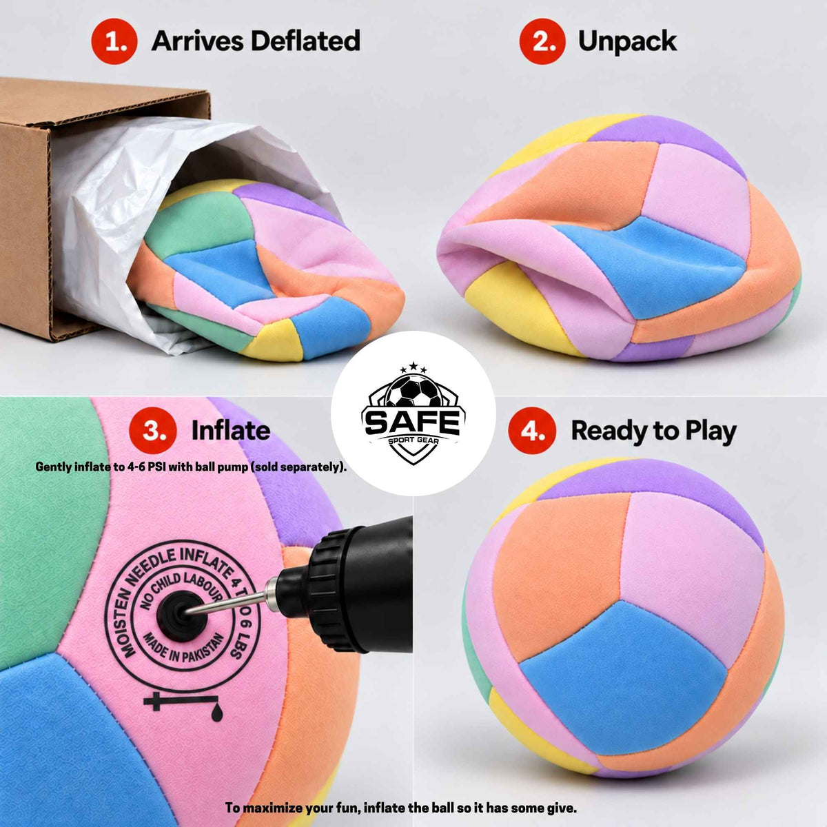 A four-step infographic showing how to inflate a SAFE sport gear brand softy volleyball.