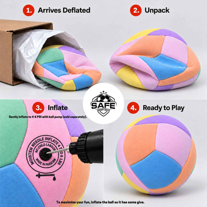A four-step infographic showing how to inflate a SAFE sport gear brand softy volleyball.