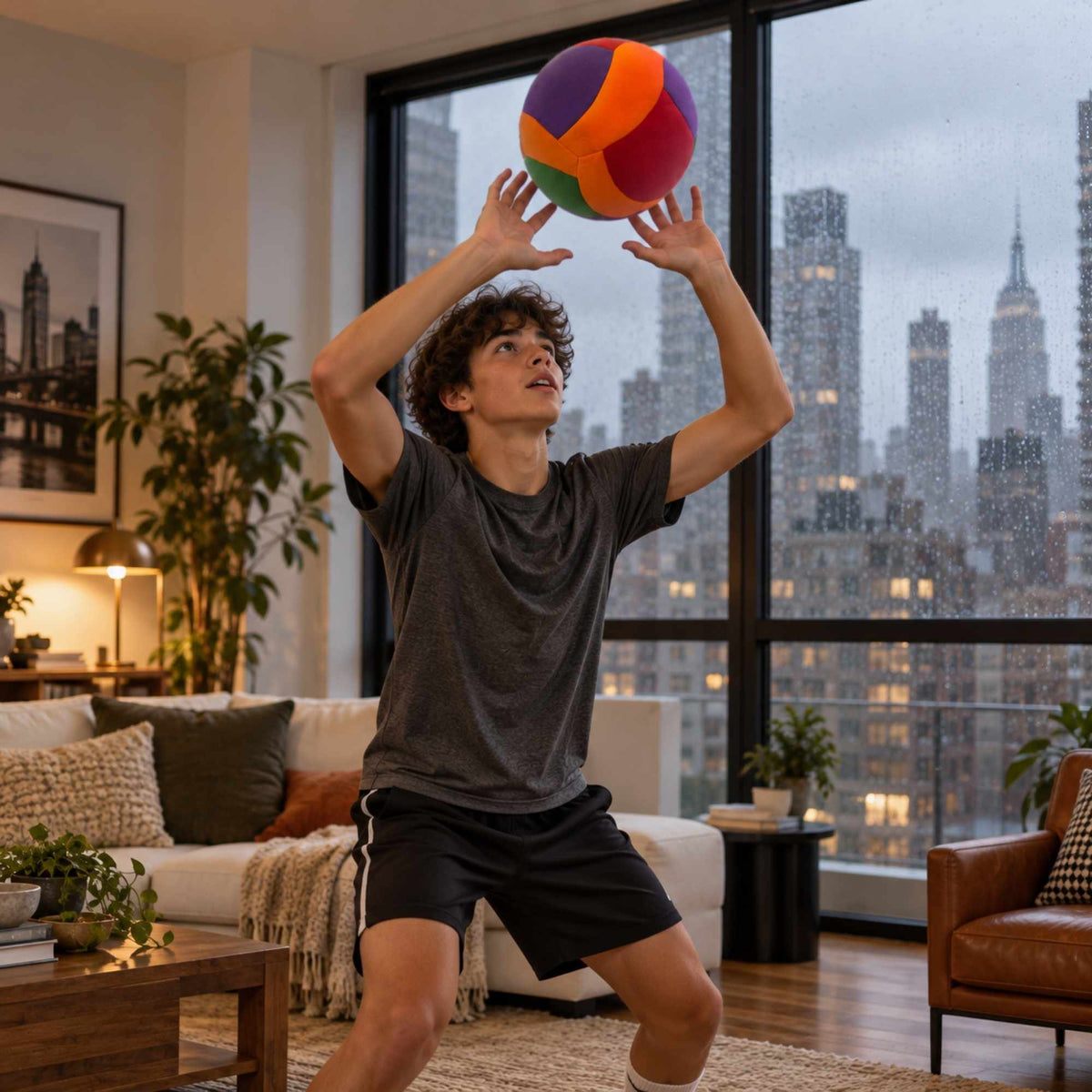 A man in a gray t-shirt and black shorts plays with a colorful softy volleyball in a modern living room with a large window overlooking a city skyline.