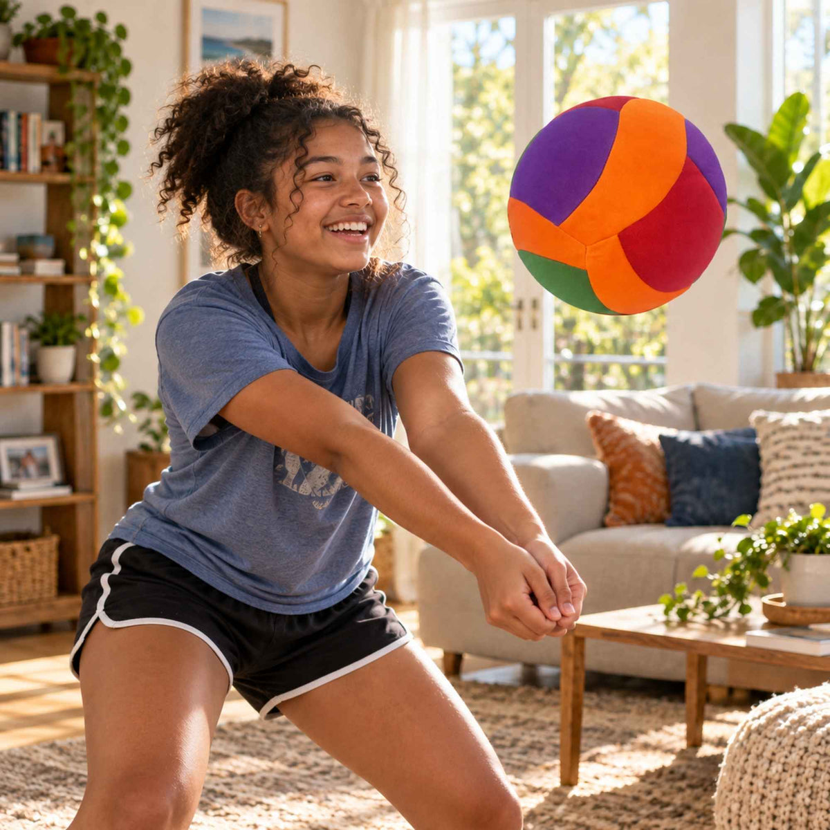 A woman in a blue t-shirt and black athletic shorts smiles while reaching for a colorful softy volleyball floating in a bright, modern living room.