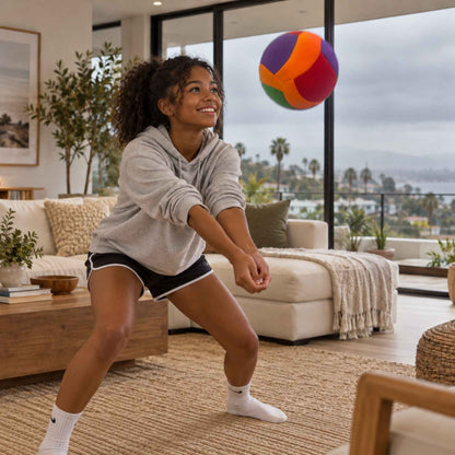 A woman in a gray hoodie and black athletic shorts plays with a colorful softy volleyball in a bright, modern living room with large windows overlooking a city and ocean view.