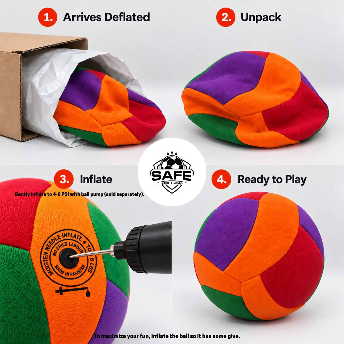 A four-panel product explainer graphic for a softy volleyball. Step 1 shows the ball deflated inside a shipping box; Step 2 shows it unpacked and wrinkled; Step 3 shows a tool inflating the ball; Step 4 shows the fully inflated, ready for play