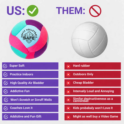 Comparison chart between a Softy Volleyball-Teal and a traditional volleyball with features listed.