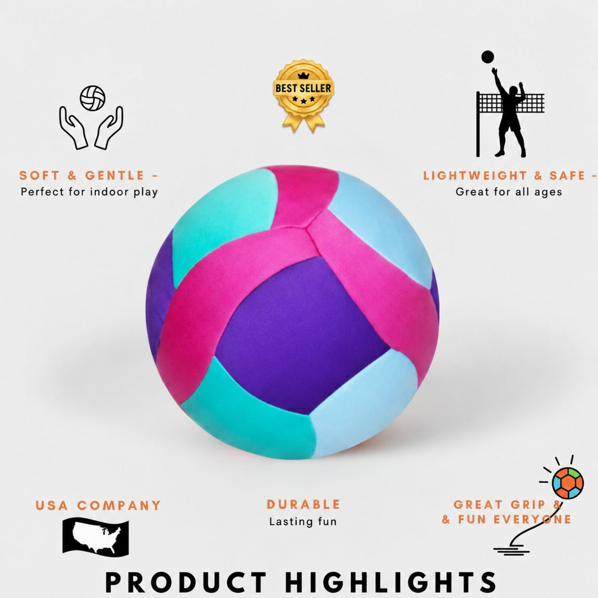 A colorful indoor volleyball with pink, purple, teal, and light blue panels, centered on a light gray background with promotional text and icons highlighting product features.