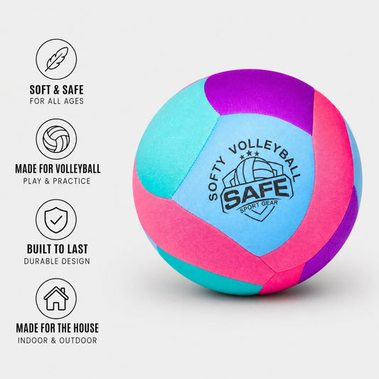 Softy Volleyball - Teal with Safe Sport Gear logo and feature text on a light gray background