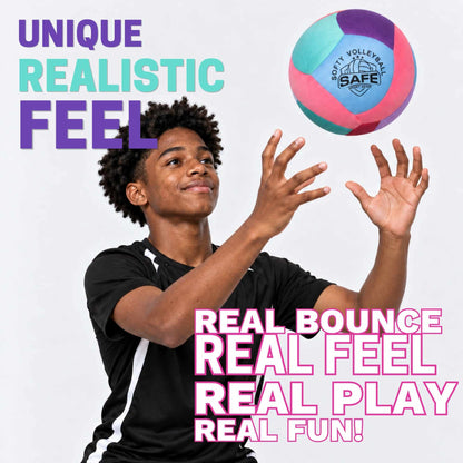 A young boy wearing a black athletic jersey is shown catching a colorful softy volleyball against a light gray background, with promotional text overlays reading 'UNIQUE REALISTIC FEEL' and 'REAL BOUNCE REAL FEEL REAL PLAY REAL FUN!'.
