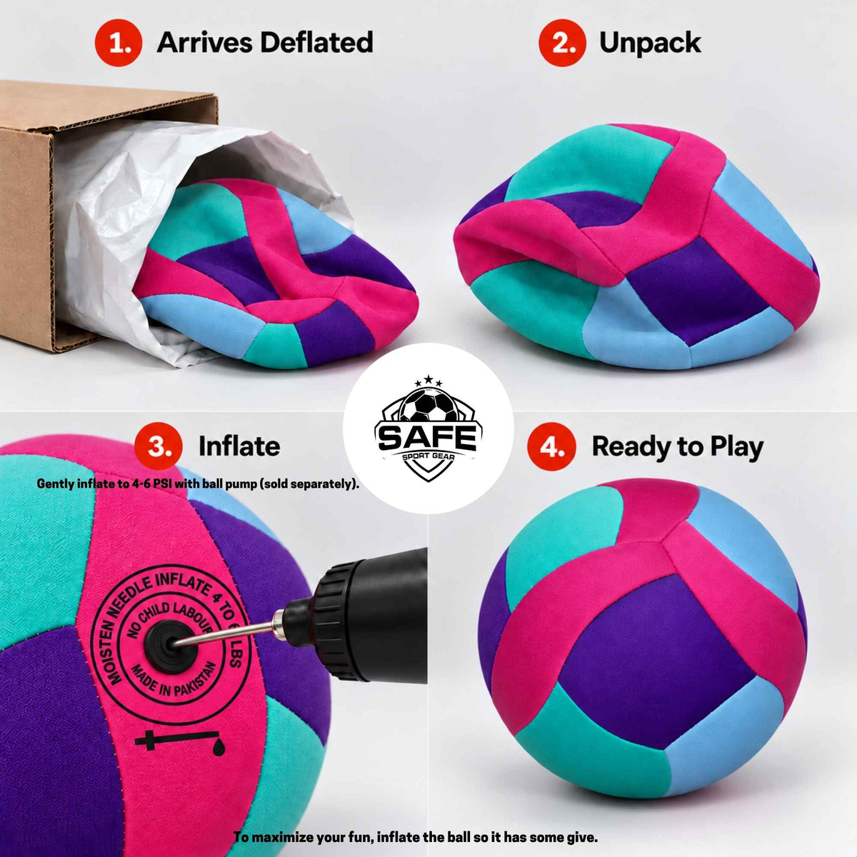 A four-panel product explainer graphic for a softy volleyball. Step 1 shows the ball deflated inside a shipping box; Step 2 shows it unpacked and wrinkled; Step 3 shows a tool inflating the ball; Step 4 shows the fully inflated, ready for play.