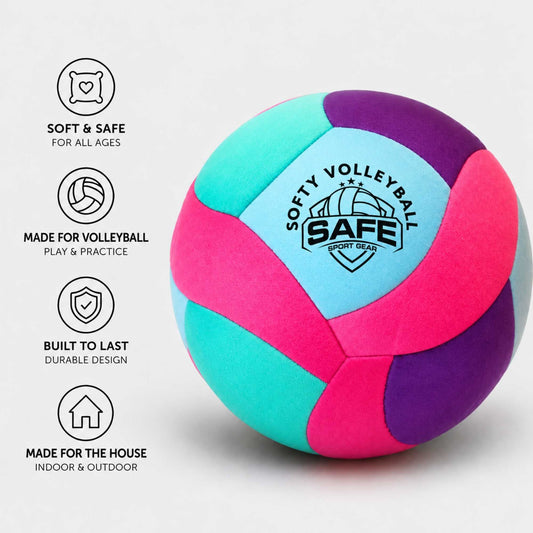Softy Volleyball - Teal with Safe Sport Gear logo and feature text on a light gray background