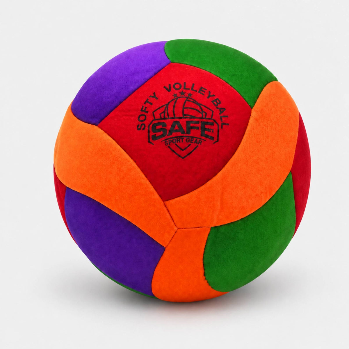 A multi-colored softy volleyball with panels of purple, green, orange, and red, featuring a black printed logo that reads 'SOFTY VOLLEYBALL SAFE SPORT GEAR' on a light gray background.