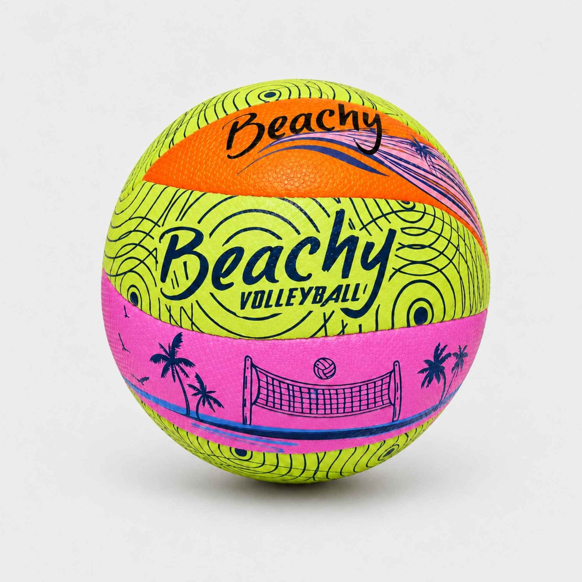 A colorful Beachy Volleyball with a lime green, orange, and pink patterned design, featuring palm tree illustrations and a net graphic, on a light gray background.