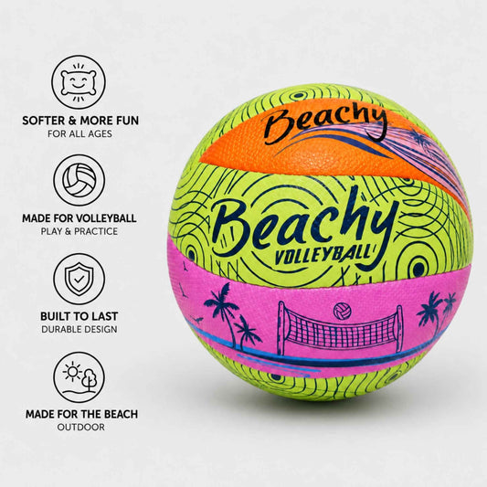 A colorful Beachy Volleyball toy ball on a light gray background, with feature callout icons on the left. The ball has lime green, orange, and pink panels with black text and graphics.