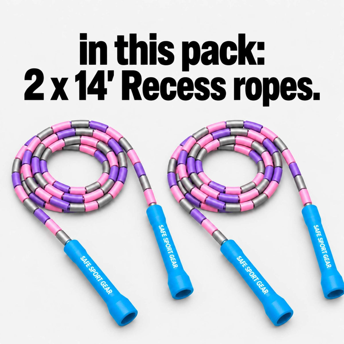 Two pink and purple jump ropes with blue handles and silver metal tips, displayed on a light gray background with the text 'in this pack: 2 x 14' Recess ropes.' above them.