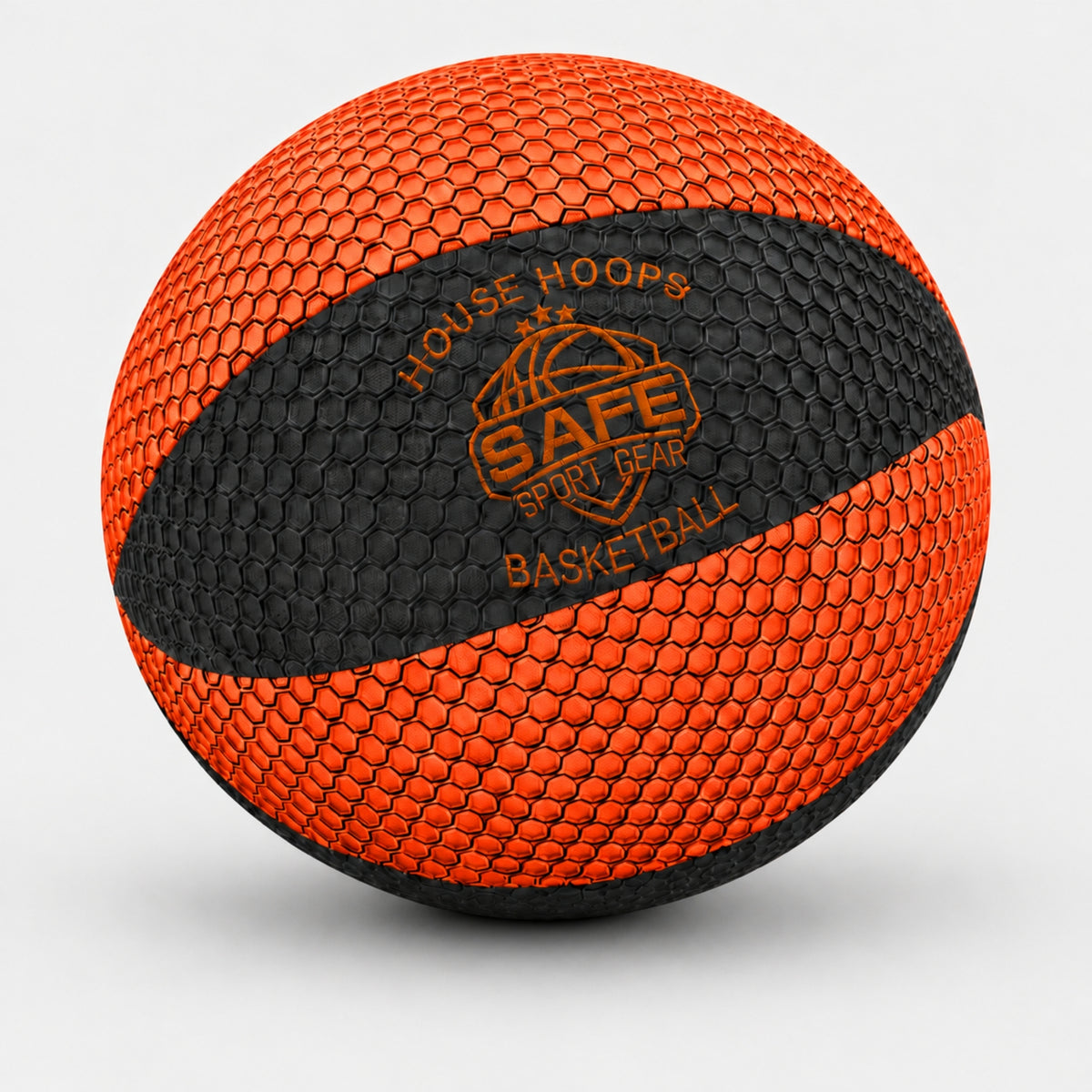 A househoops basketball with alternating orange and black panels, featuring a central logo that reads 'HOUSE HOOPS SAFE SPORT GEAR BASKETBALL'.