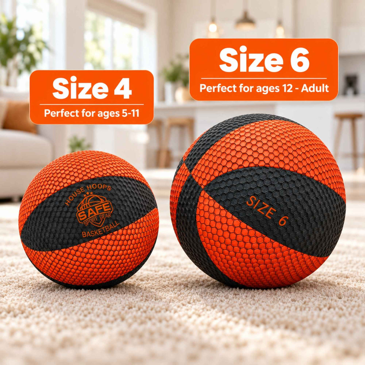 Two HouseHoops Basketballs, one size 4 and one size 6, on a carpeted floor with a kitchen background.