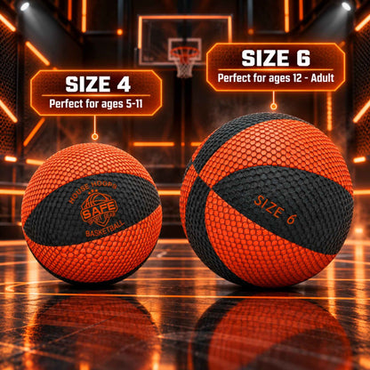 Two HouseHoops Basketballs, one size 4 and one size 6 with Safe Sport Gear branding on a dark background.