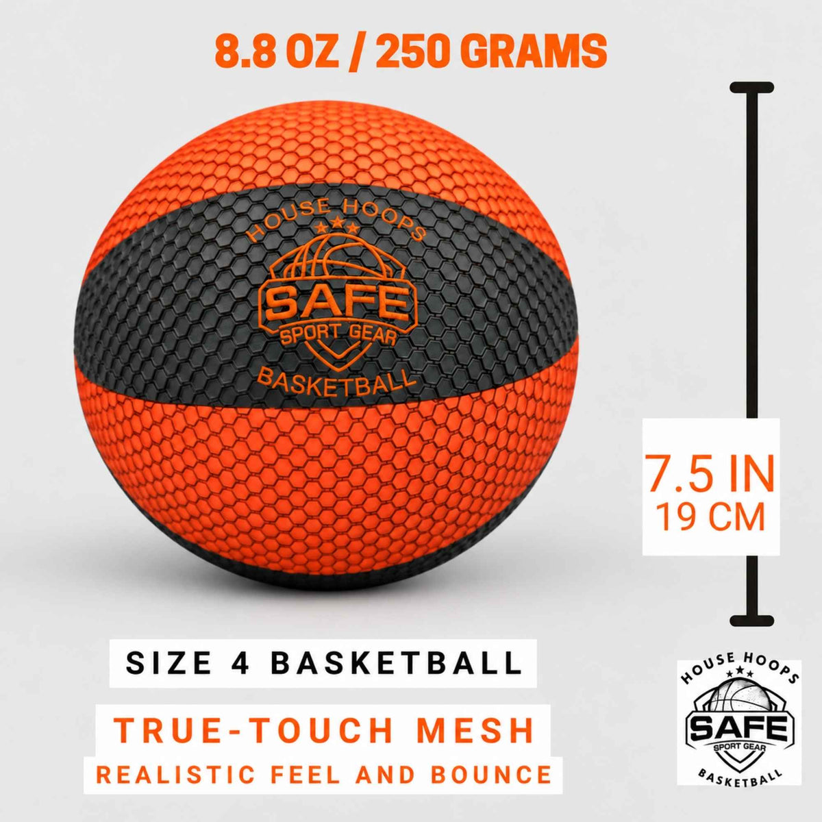 An orange and black HouseHoops basketball with 'SAFE SPORT GEAR' logo printed on the front, shown on a light gray background with size and weight text overlays and a height measurement marker.