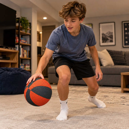 A young man in a blue t-shirt and black shorts dribbling an orange and black indoor basketball in a living room setting.