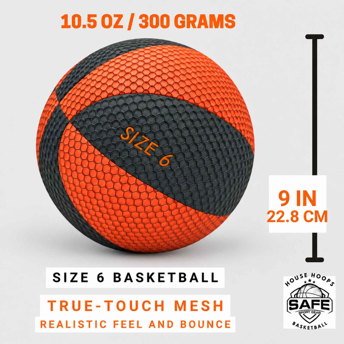 An orange and black househoops basketball shown on a light gray background with dimensions