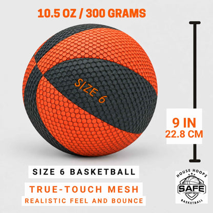 An orange and black househoops basketball shown on a light gray background with dimensions