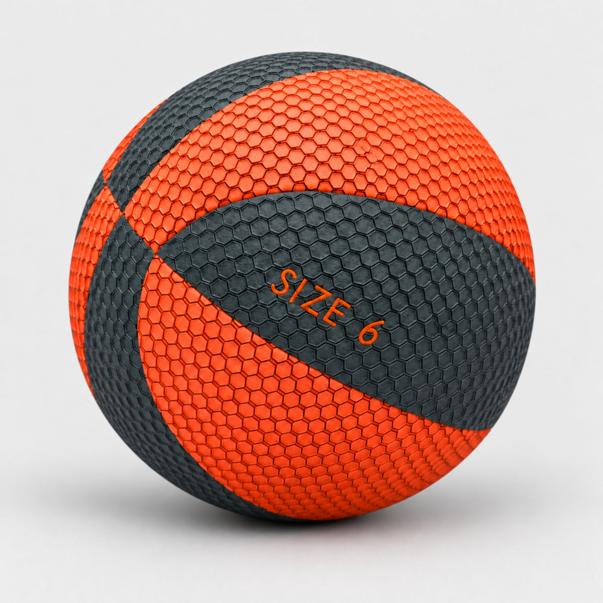 A textured orange and black indoor basketball with a honeycomb pattern, featuring the text 'SIZE 6' printed in orange on a black panel, set against a light gray background.