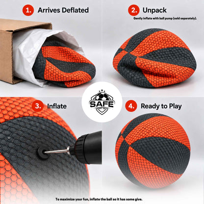 A four-panel product explainer graphic for a househoops basketball. Step 1 shows the ball deflated inside a shipping box; Step 2 shows it unpacked and wrinkled; Step 3 shows a tool inflating the ball; Step 4 shows the fully inflated, ready for play soccer ball.