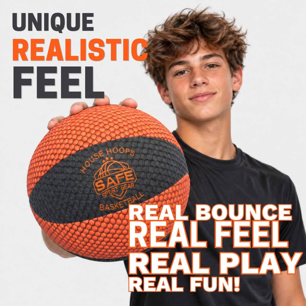 A boy holding a textured orange and black house hoops basketball with promotional text overlays on a light gray background.