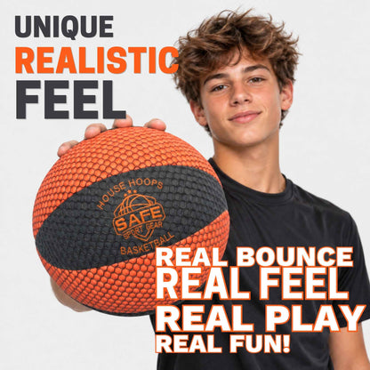 A boy holding a textured orange and black house hoops basketball with promotional text overlays on a light gray background.