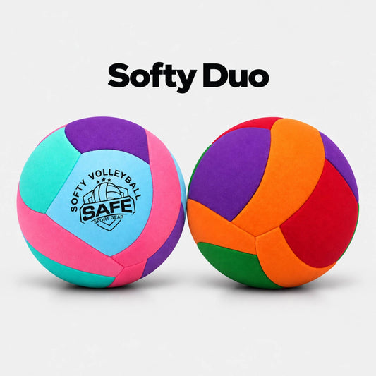 Softy Duo bundle with two multicolored indoor volleyballs, one in pastel pink, blue, teal and purple, and one in orange, red, green and purple.
